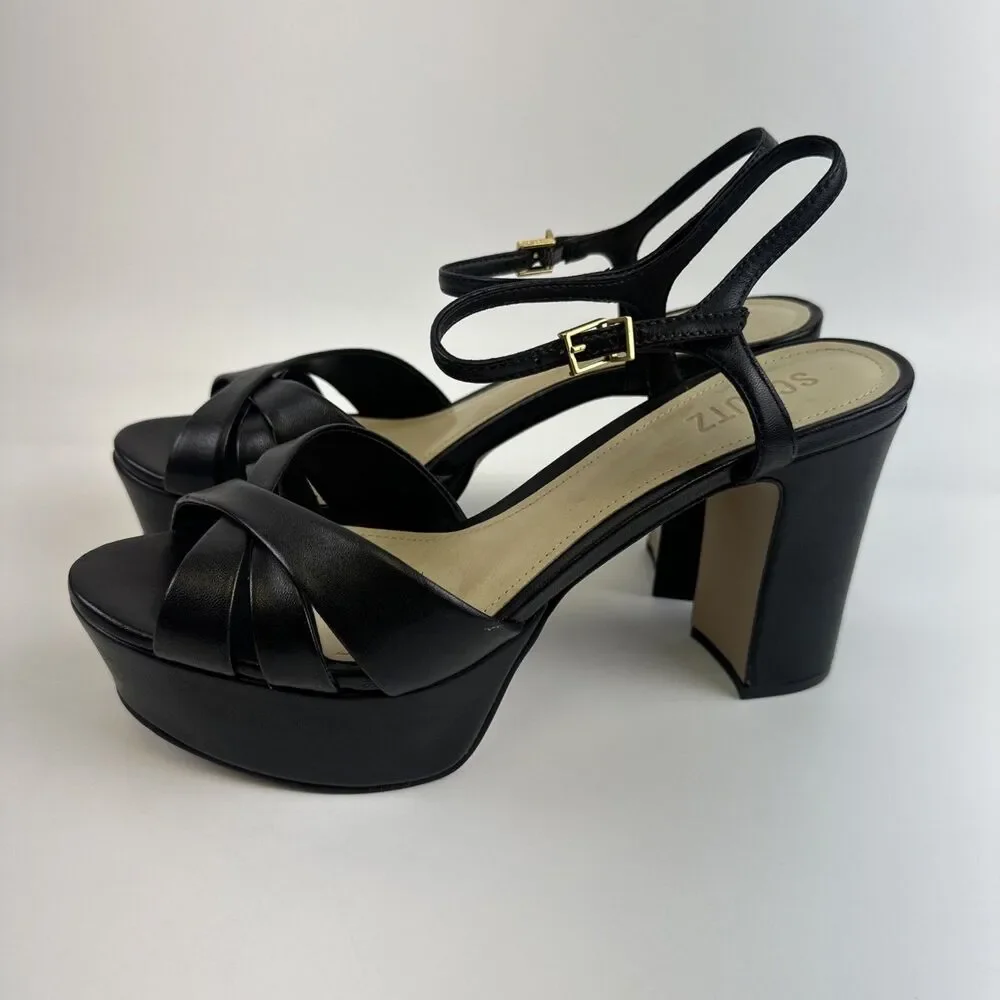 SCHUTZ Keffa Heel Sandal Black Leather Strappy Ankle Buckle High Block Heel 9